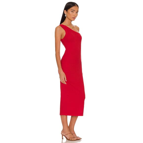Michael Stars Coco One Shoulder Side Slit Bodycon Midi Dress in Salsa Red L - Picture 2 of 10